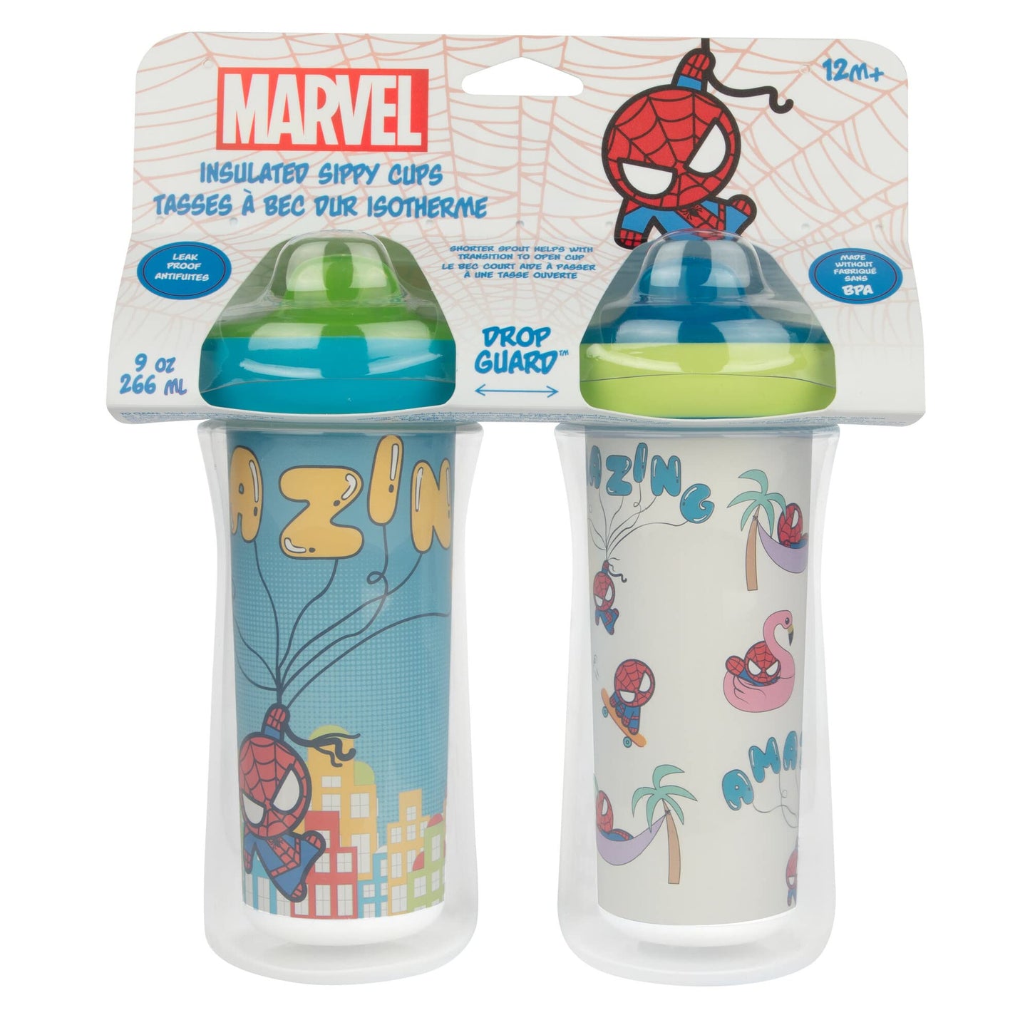 The First Years Marvel Insulated Sippy Cups - Spill Proof Insulated Toddler Cups With Bite-Resistant Hard Spout - 9 Ounces - 2 C