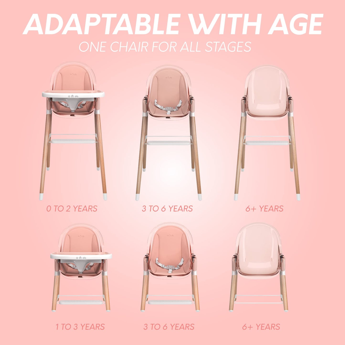 Children of Design 6 in 1 Deluxe Wooden High Chair for Babies & Toddlers Modern Safe Compact Baby Highchair, Easy to Clean, Remo