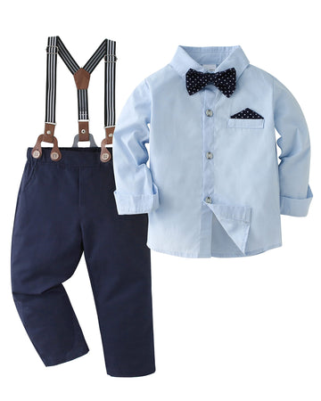 Disaur Boys Church Outfit Blue Dark Blue Long Sleeve Dress Shirt Bow Tie Suspender Pants Toddler Formal Outfit Boy 2T 3T 2-3T