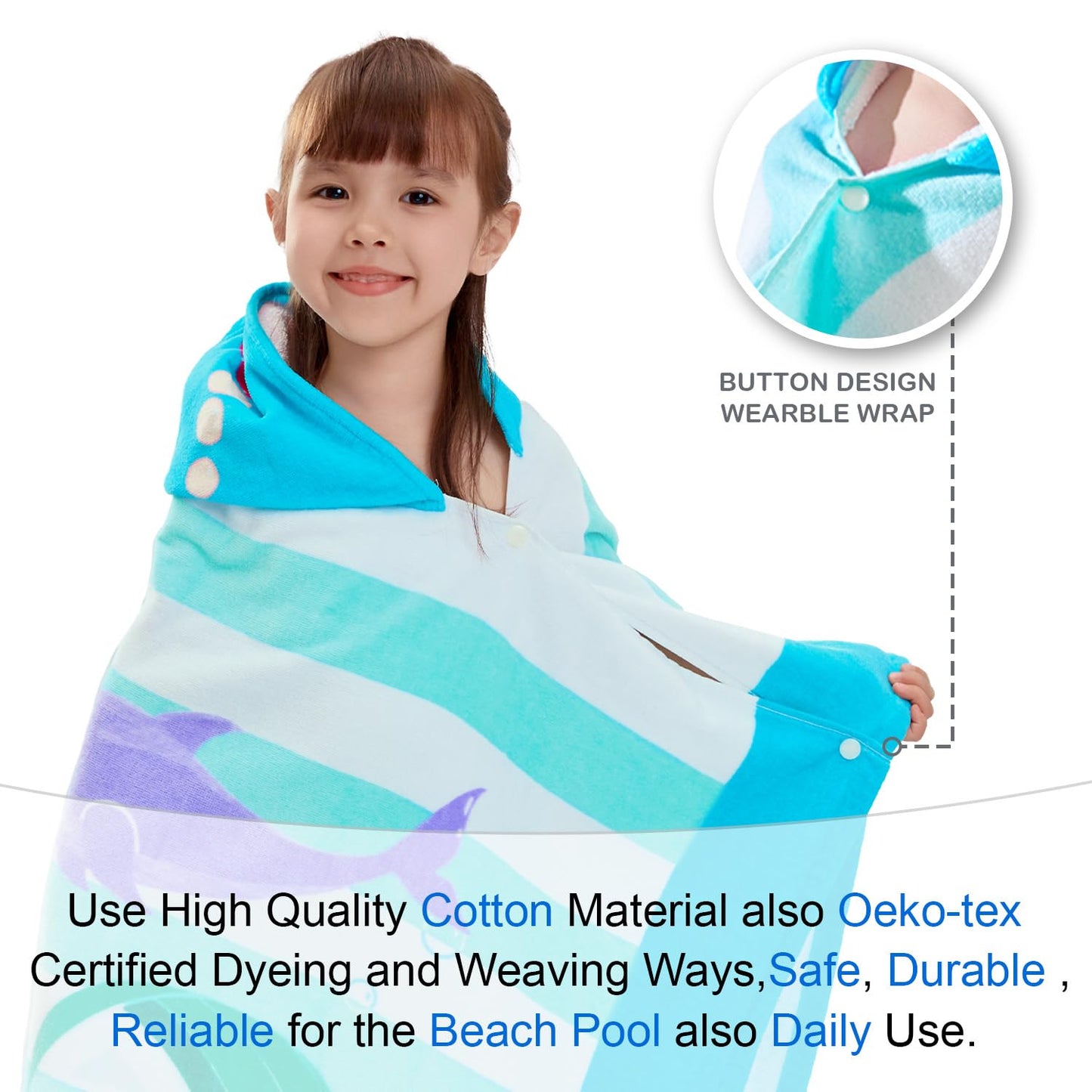 Voova & Movas Mermaid Towels With Hood,Cotton Soft Thick,For 3-10 Years, Hooded Towel For Kids Girls, Perfect For Beach, Pool, B