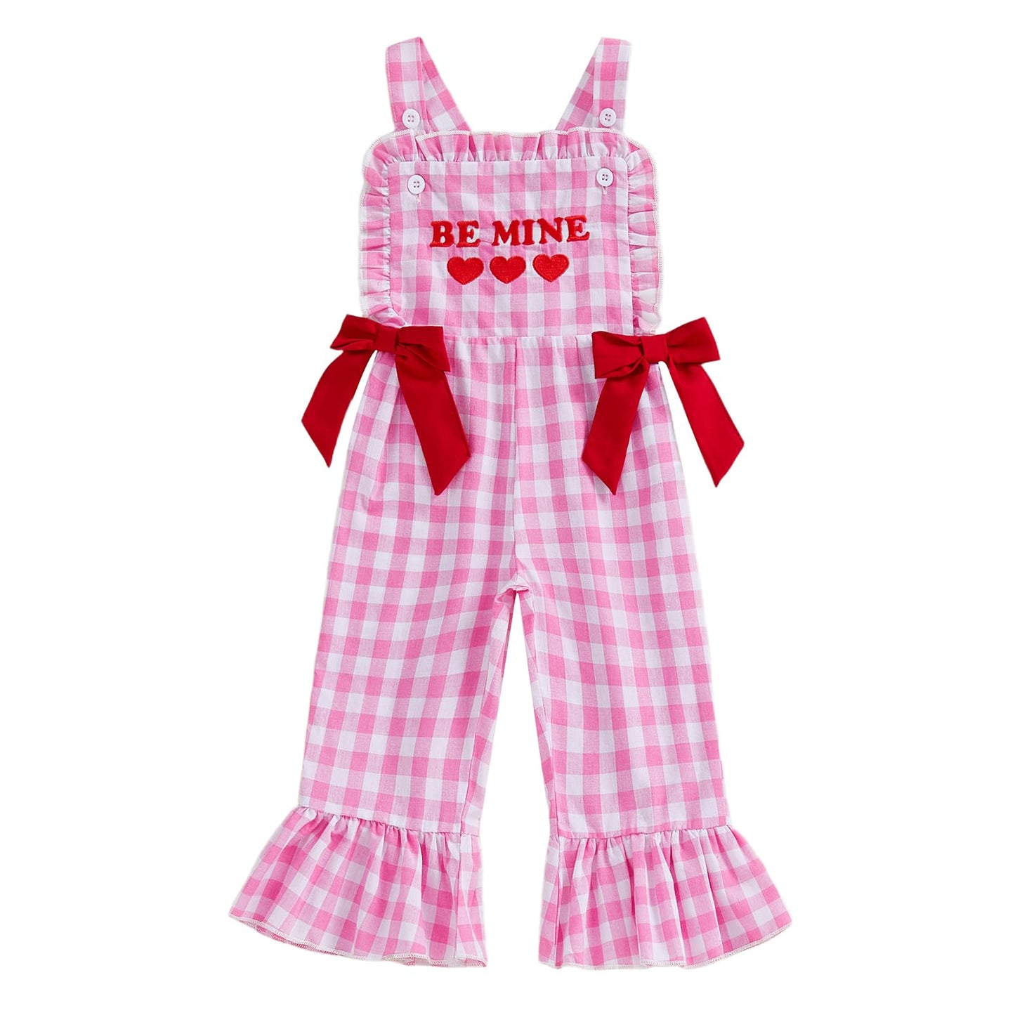Mieeyali Girls Valentines Day Outfit Overalls Heart Romper Be Mine Love Bell Bottoms Suspender Jumpsuit (Pink Q, 18-24 Months)