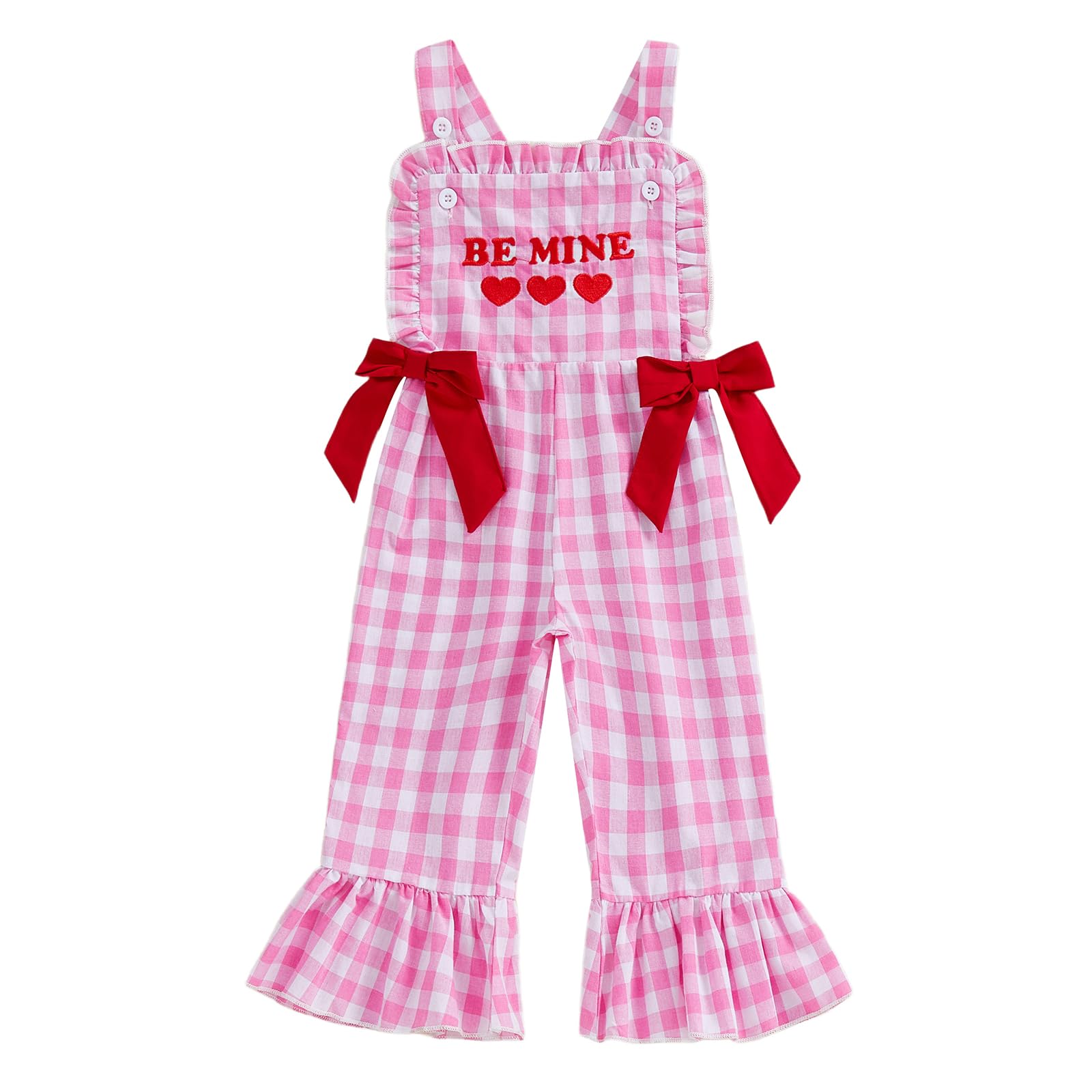 Mieeyali Girls Valentines Day Outfit Overalls Heart Romper Be Mine Love Bell Bottoms Suspender Jumpsuit (Pink Q, 18-24 Months)