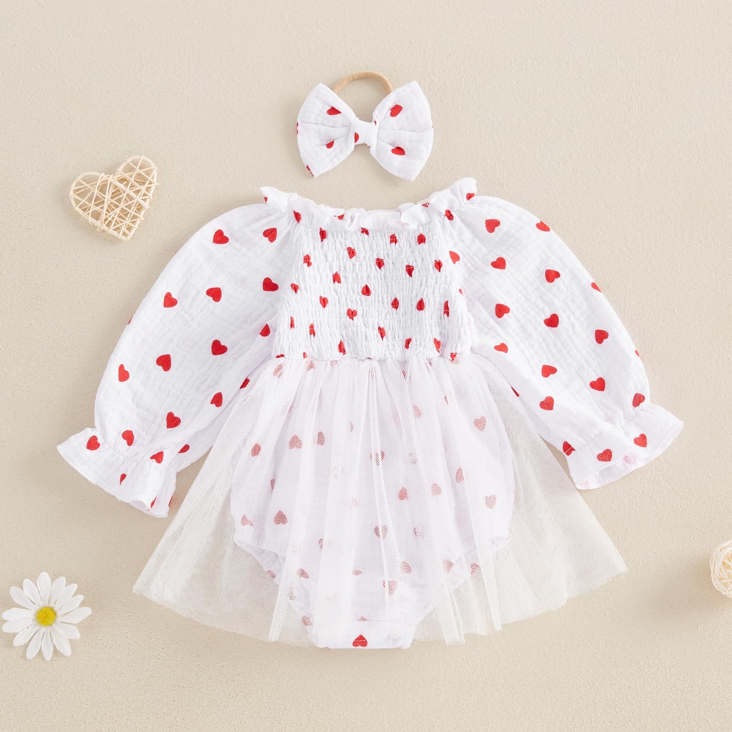 Baby Girl Valentines Day Dress Heart Puff Sleeve Cotton Linen Tulle Romper Dresses Newborn Valentines Outfit (White, 12-18 Month