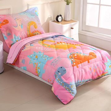 Wowelife Dinosaur Toddler Bedding Set For Girls, Premium 4 Piece Dinosaur Toddler Comforter Bed Set Pink, Super Soft And Comfort