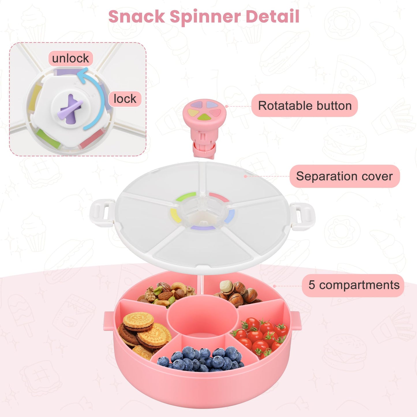 Pawtong 2 Pack Kids Snack Spinner Container Reusable Snack Box With 5 Compartment Dispenser And Lid, Bpa And Pvc Free, For Toddl