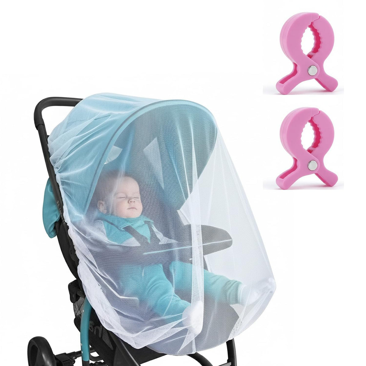 SafeOKid Baby Mosquito Net With 2 Stroller Blanket Clips | Fits For Baby Carrier, Pram, Stroller, Car Seat, Cradle, Rocker & B