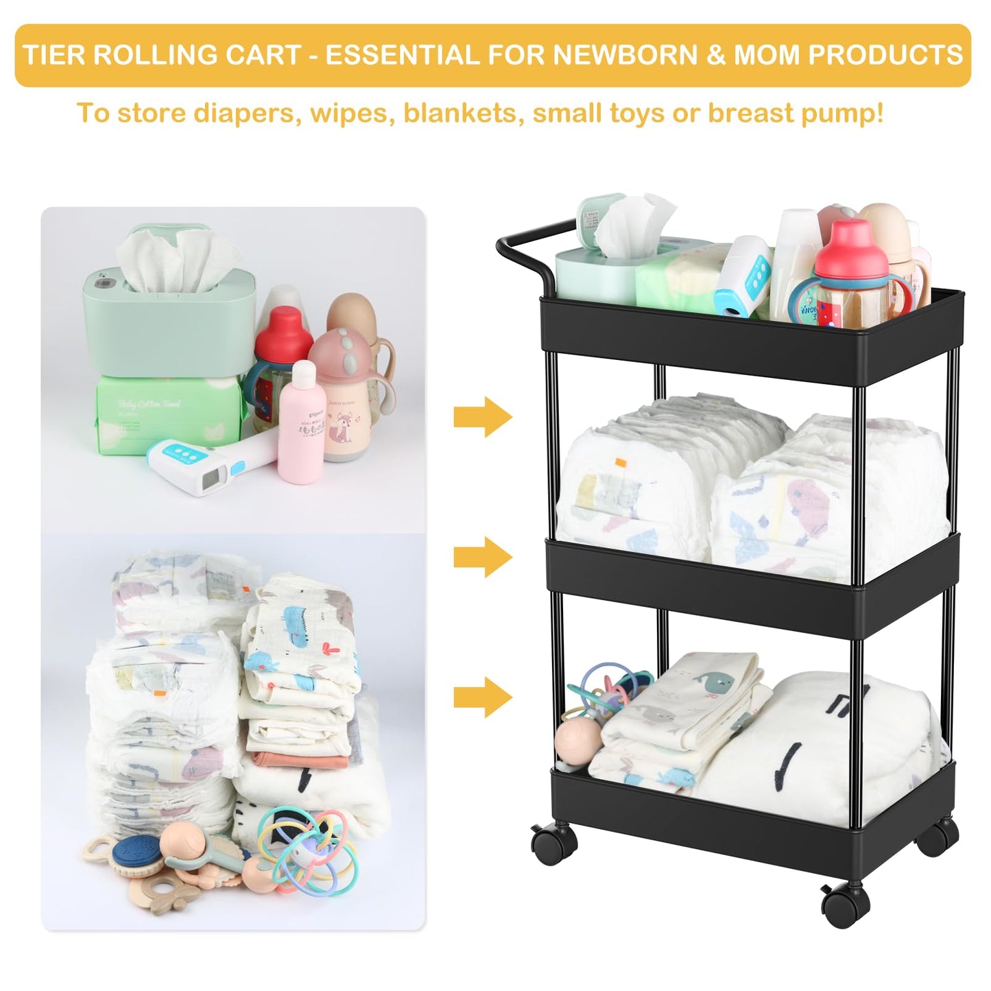 Volnamal Baby Diaper Caddy, Plastic Movable Cart For Newborn Nursery Essentials Diaper Storage Caddy Organizer For Changing Tabl