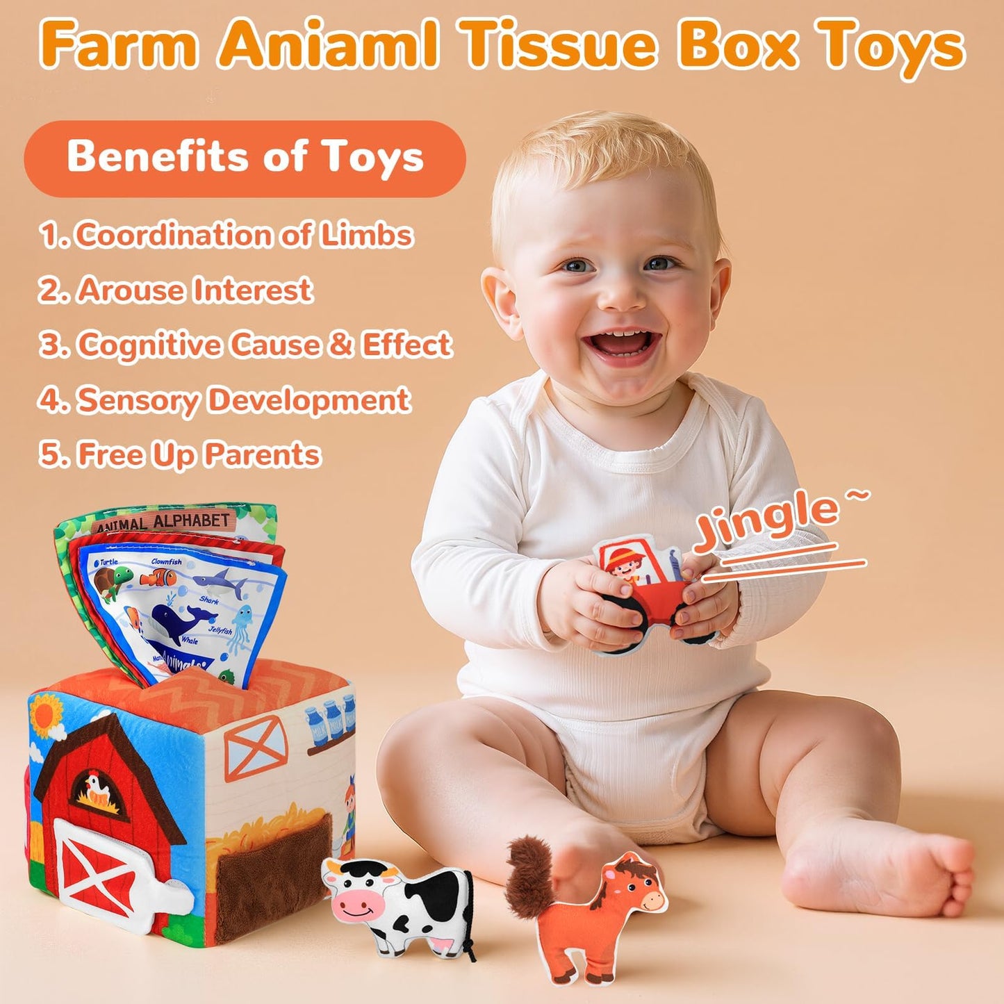 MPQMPQ Baby Tissue Box Toy Farm Crink Plush,Whats Inside Box Montessori Toys with Rattle,Crinkle,Mirror for Babies 6 9 12 18 Mon