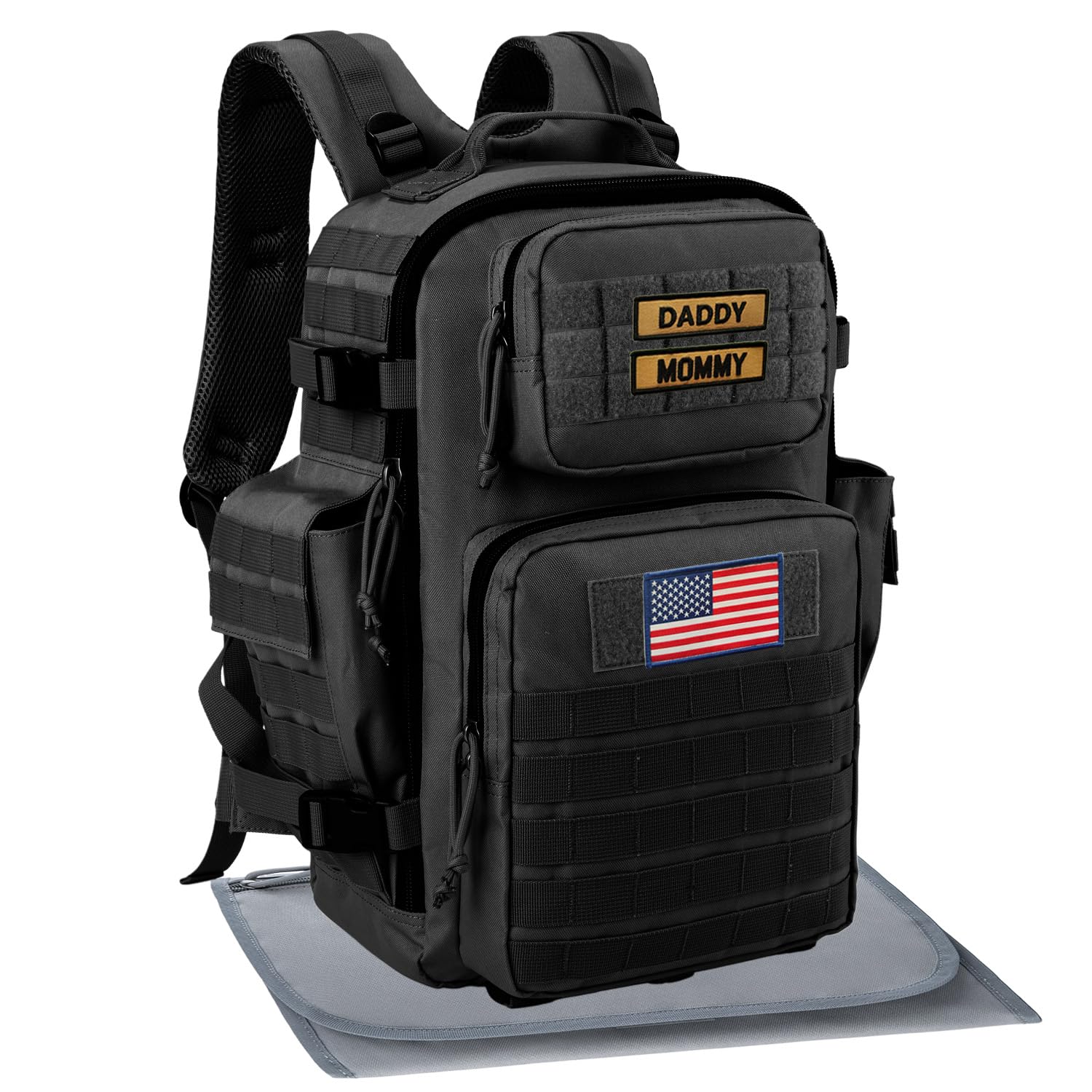 SHARKMOUTH Diaper Bag Military for Men - Large Baby Backpack with Changing Pad for Active Dad - Insulated for Outdoor Travel Cam