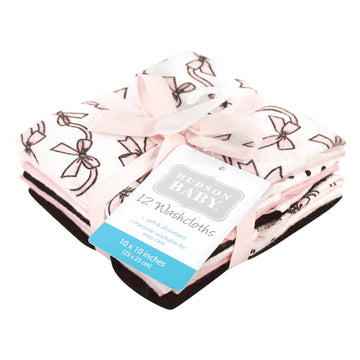 Hudson Baby Unisex Baby Flannel Cotton Washcloths, Pink Bows 12 Pack, One Size