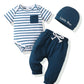 Renotemy Baby Boy Summer Clothes Short Sleeve New To The Crew Toddler Boy Clothes Outfits Stripe Blue Linen Boy Outfits 12-18 Mo