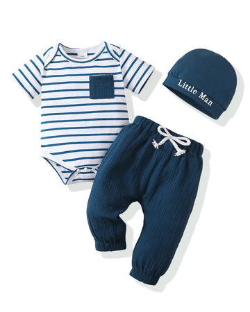 Renotemy Baby Boy Summer Clothes Short Sleeve New To The Crew Toddler Boy Clothes Outfits Stripe Blue Linen Boy Outfits 12-18 Mo