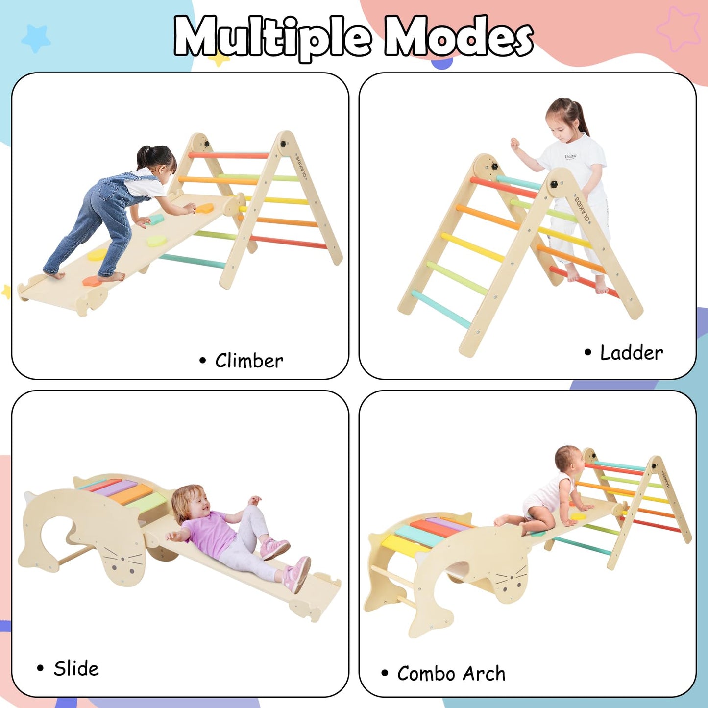 Olakids Climbing Toys For Toddlers, 5 In 1 Foldable Wooden Pikler Montessori Jungle Gym With Ramp Slide Arch Rocker Angle Adjust