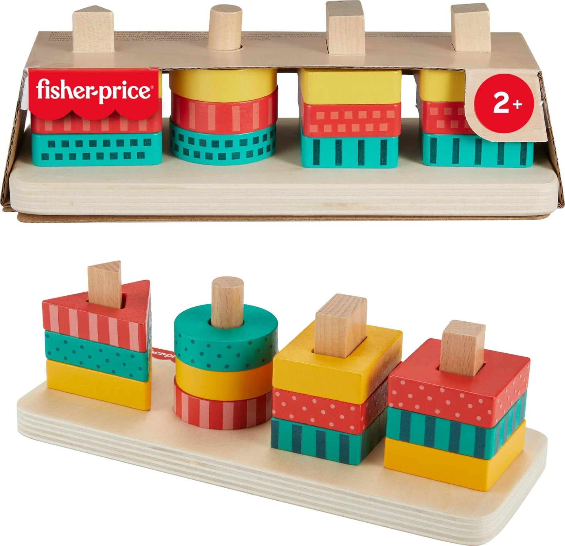 Fisher-Price Wood Toddler Toy Shape Stacker, 13-Piece Wooden Sorting Activity for Fine Motor Play Preschool Kids Ages 2+ Years