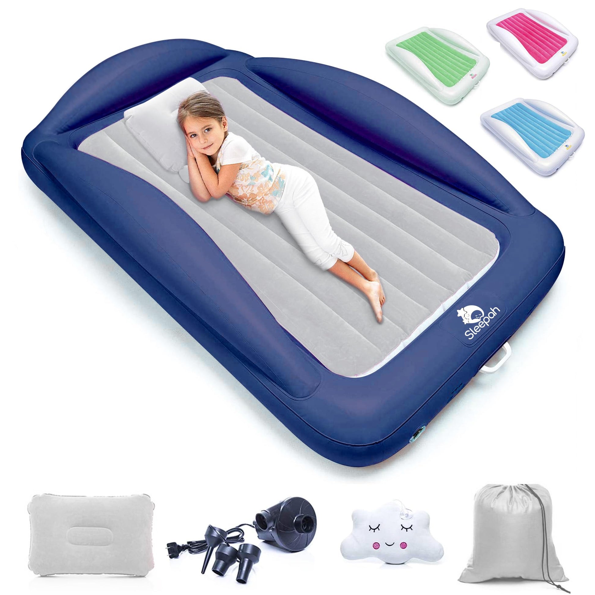 Sleepah Inflatable Toddler Travel Bed Portable Kids Air Mattress Set w Safety Rail Guards for Kids & Toddlers - Includes Pump, C