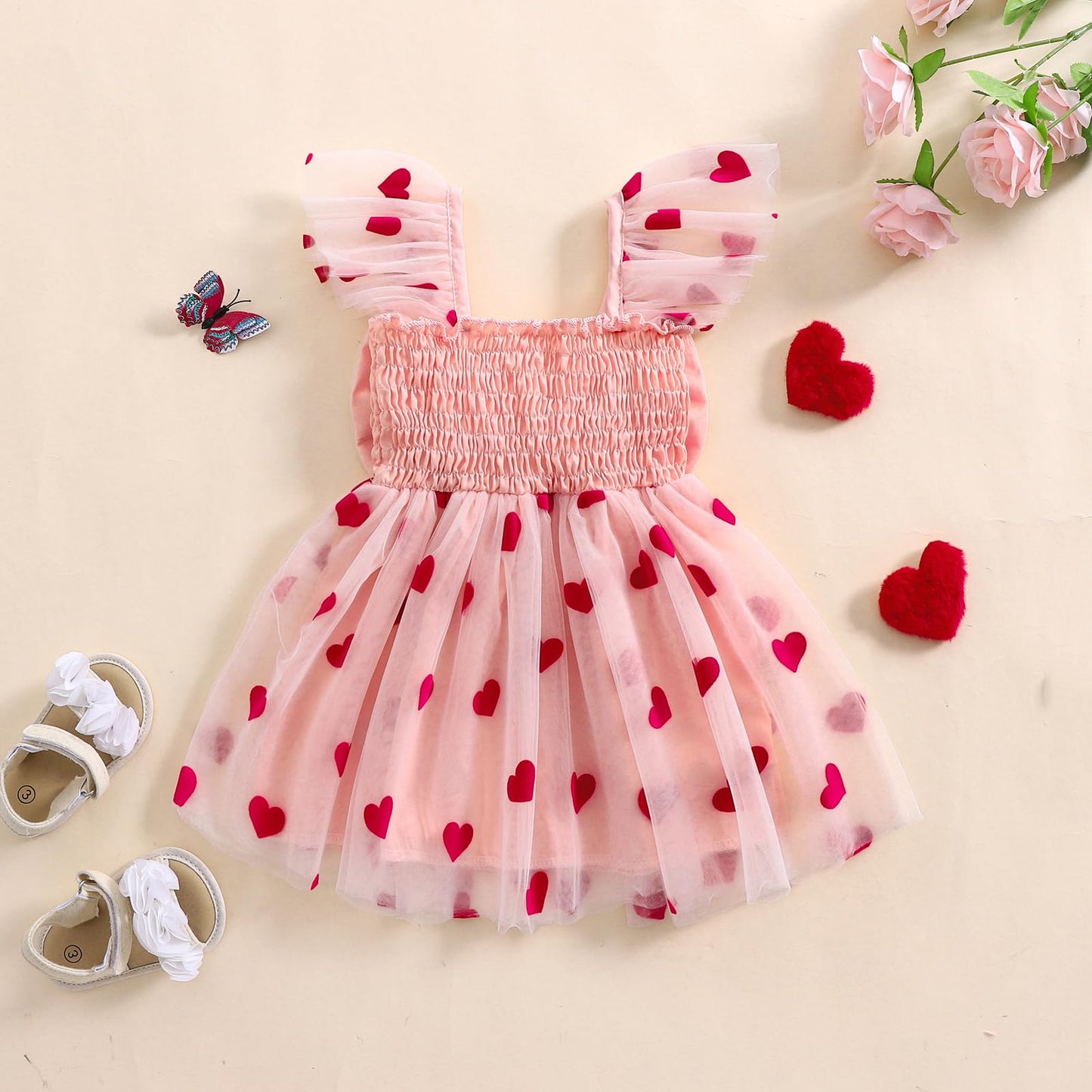 Toddler Baby Girl Valentines Day Outfit Heart Print Ruffle Sleeve Bowknot Tulle Dress Girls Birthday Party Dresses (Pink, 18-24