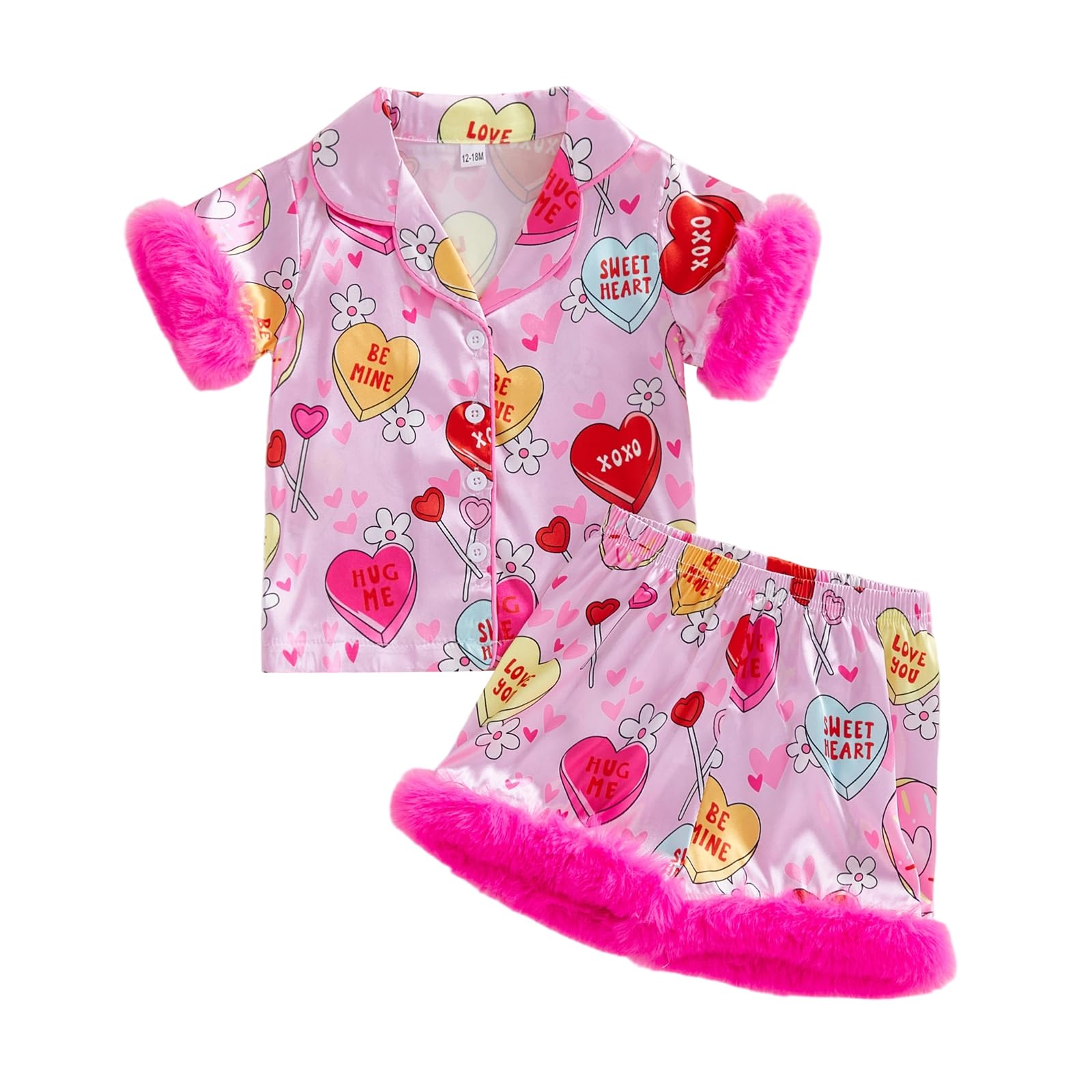 Kuriozud Kids Toddler Girl Valentines Pajamas Fuzzy Trim Satin Button Down Shirt Top and Shorts 2pcs Pjs Sets Sleepwear (Heart R