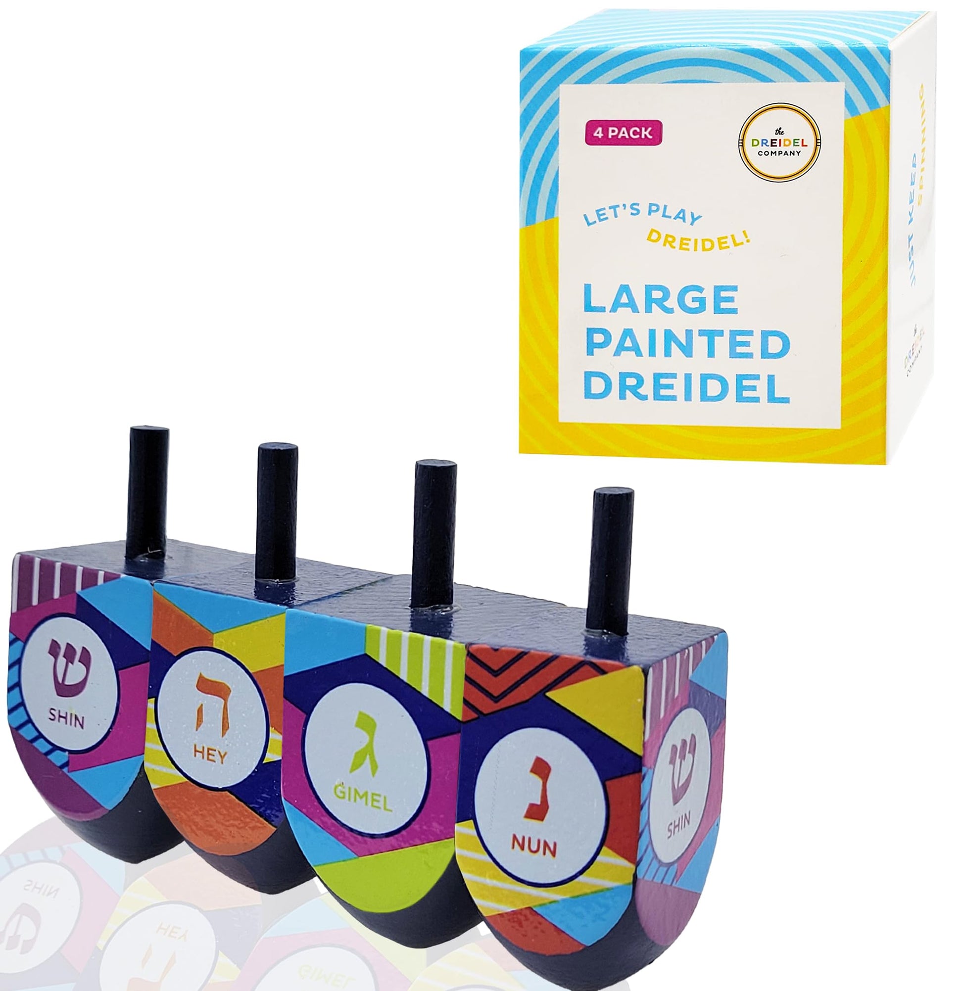The Dreidel Company Let'S Play The Hanukkah Game 2 Multi Colored Extra Large Hand Painted Wood Dreidels (Style 4, Pack Of 4)