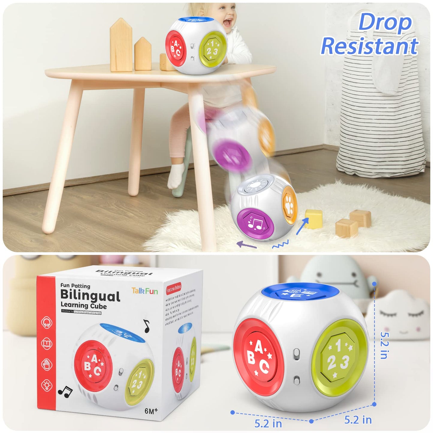 Talkfun Bilingual Cube Learning Toy for 1+ Year Old Boy Girl Gift, Musical Developmental Baby Toy 12-18 Month, Educational Toy f