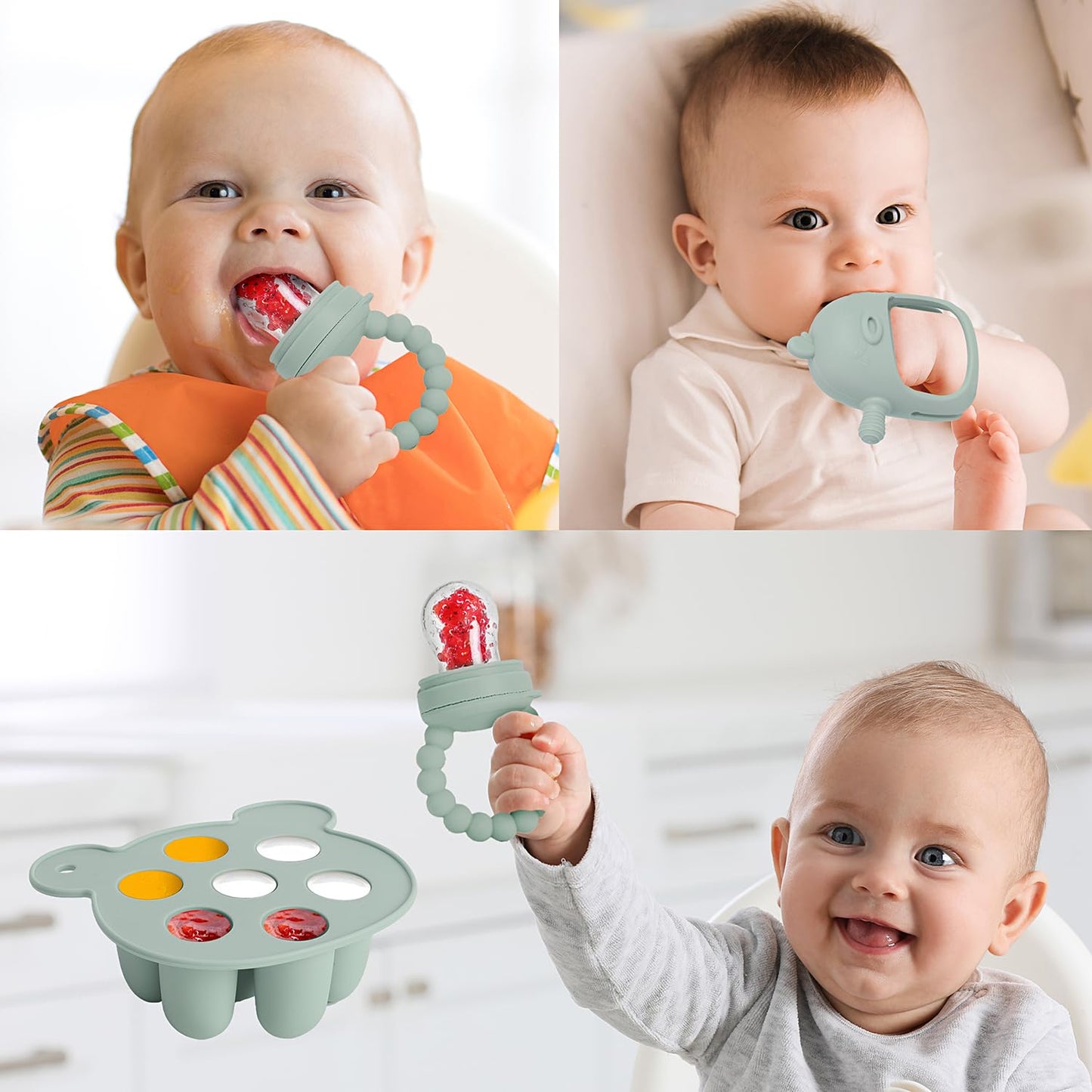 Baby Fruit Food Feeder Breastmilk Popsicle Molds For Teething Relief - 3 Pack Feeding Sets - 1 Freezer Tray With Lid & 1 Teether