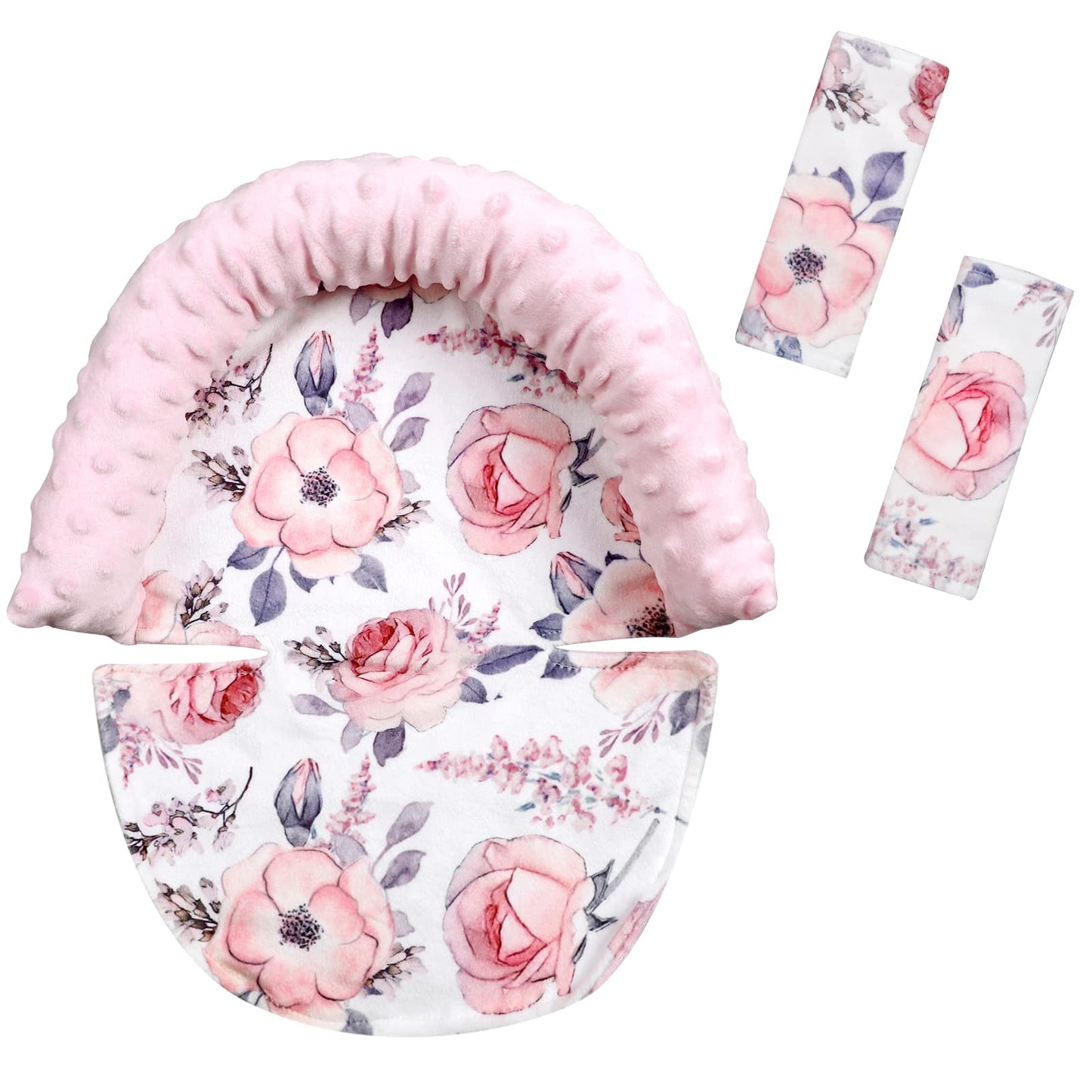 Baby Carseat Headrest, Minky Baby Head Support Girls, Floral Infant Car Seat Insert, Newborn Cushion For Strollers, Pink Flower