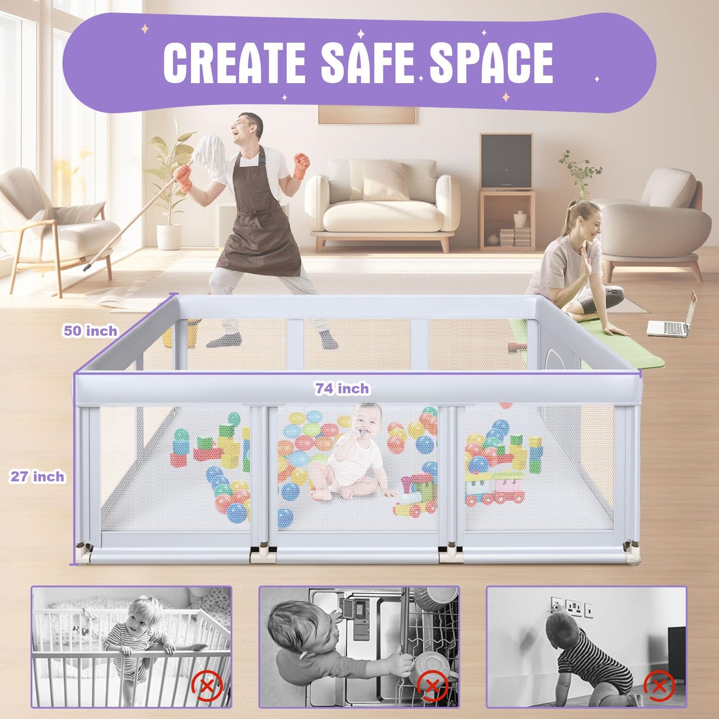 Hiaksedt Large Baby Playpen 74X50 Inch Playpen For Babies And Toddlers, Play Yards For Indoor & Outdoor With Zipper Gates, Breat