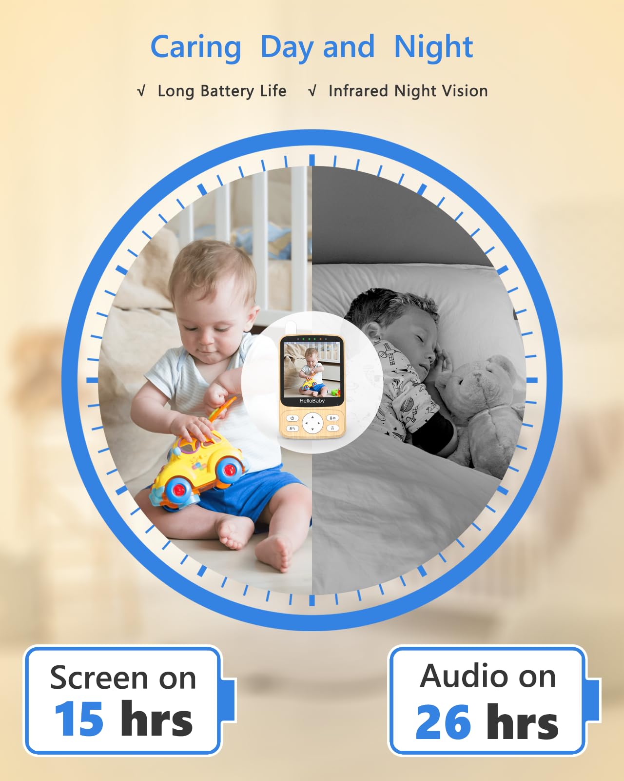 Hellobaby Monitor With Camera And Audio,4' Ips Portable Screen Video Baby Monitor With 26Hrs Battery Life No Wifi,Remote Pan-Ti