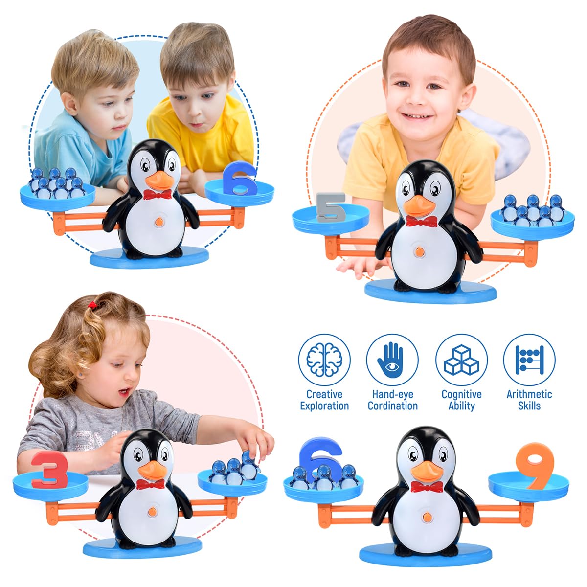 BAKAM Penguin Balance Scale & Number Counting Blocks Games for Kids Ages 3-5, Montessori Math Games for Kids 5-7, Preschool Kind