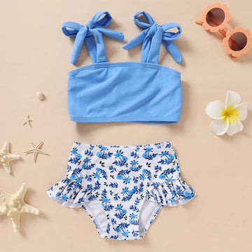 Younger Tree Toddler Girls Two Pieces Swimsuit Color Block Stripe Swimwear Summer Beach Bathing Suit (Blue#Flower 18-24 Months)