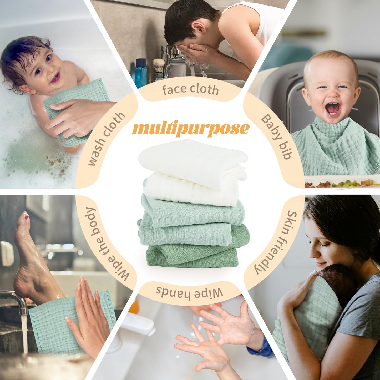 Migiol Baby Burp Cloth 100% Cotton Newborn Cotton Muslin Burp Cloth 10X20 Inches (White & Green 6 Pieces)