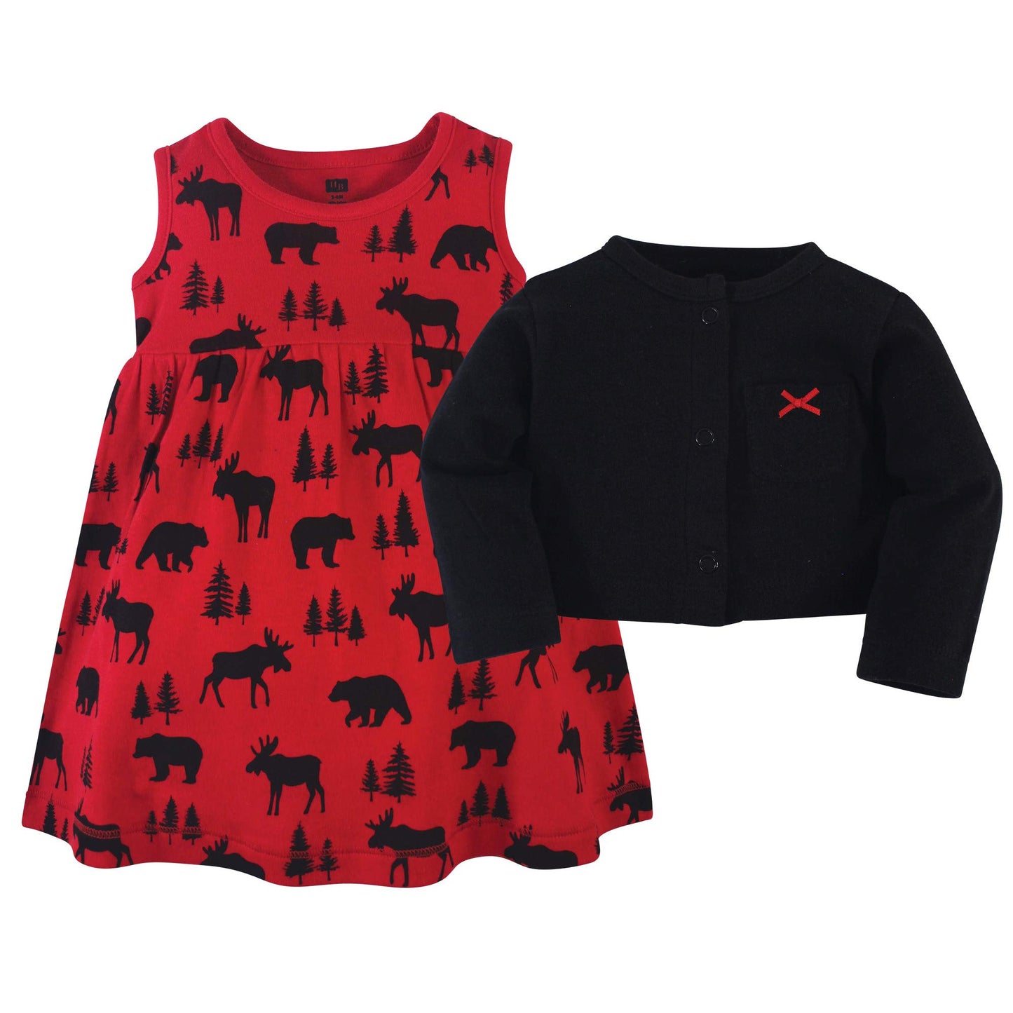 Hudson Baby Girls' Cotton Dress And Cardigan Set, Red Moose Bear, 0-3 Months