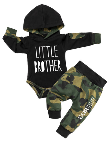Fommy Baby Boy Clothes 9-12 Months Boy Outfit Little Brother Print Hoodies+Camouflage Pants 2Pcs Set