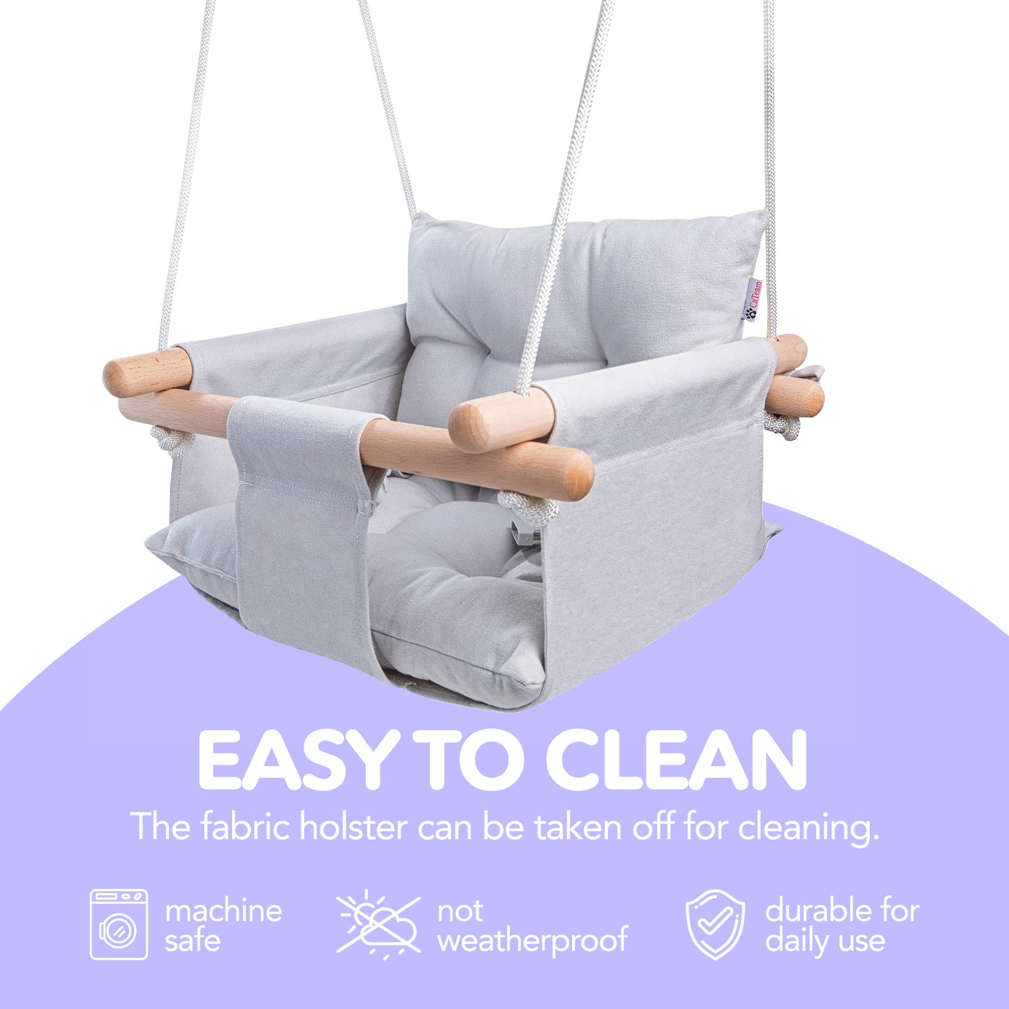 Canvas Baby Swing By Cateam - Gray - Wooden Hanging Swing Seat Chair For Baby With 5-Point Safety Belt And Mounting Hardware. Ba