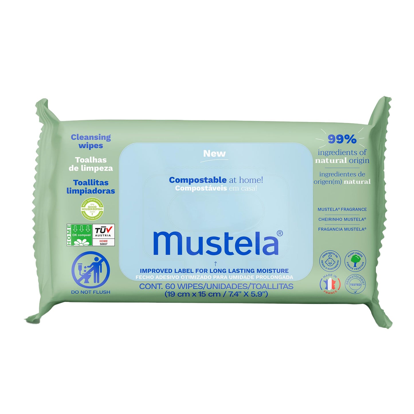Mustela Baby Home Compostable Cleansing Wipes - Natural Avocado - For Face, Body & Diaper Area - Lightly Fragranced - 99% ingred