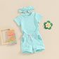 Toddler Baby Girls Daisy Chenille Patch Outfit Short Sleeve T-Shirt Shorts Headband 3Pcs Summer Clothes Set (Sky Blue, 6-12 Mont