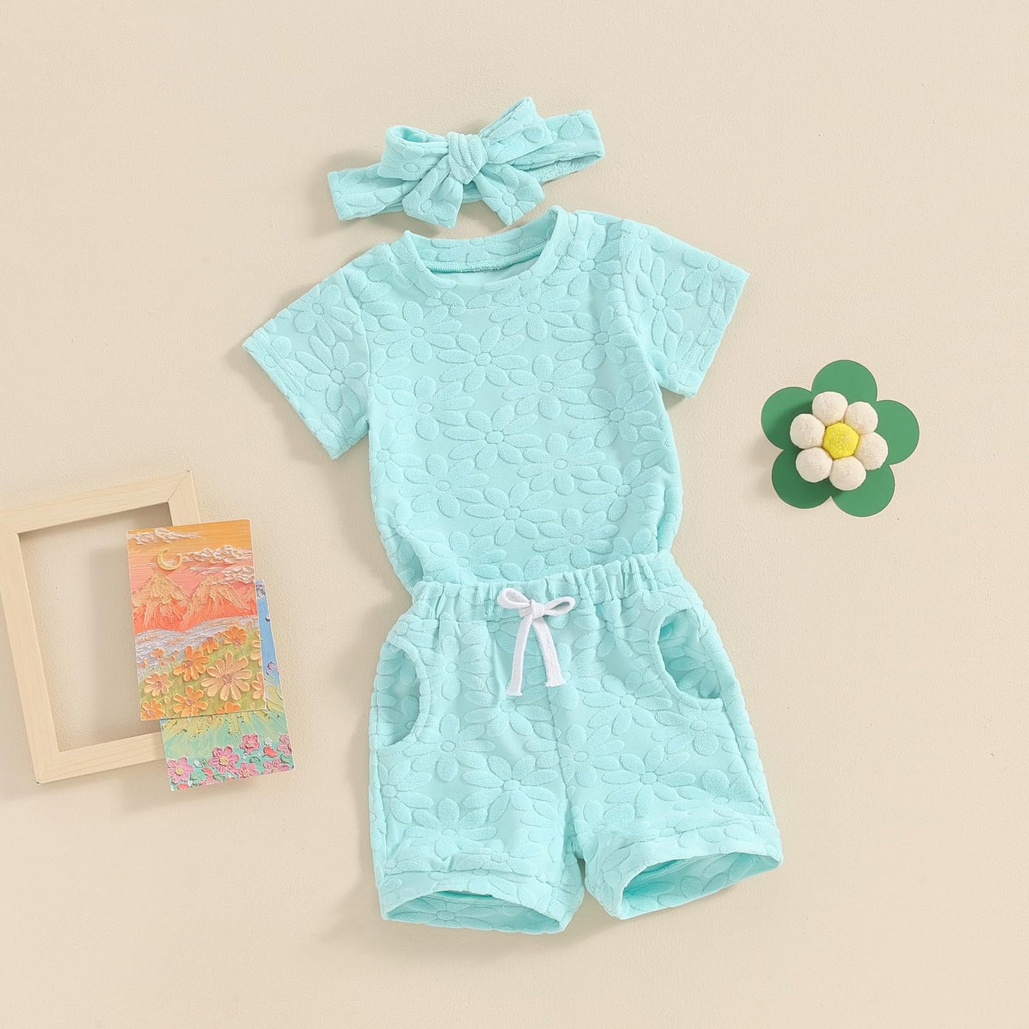 Toddler Baby Girls Daisy Chenille Patch Outfit Short Sleeve T-Shirt Shorts Headband 3Pcs Summer Clothes Set (Sky Blue, 6-12 Mont