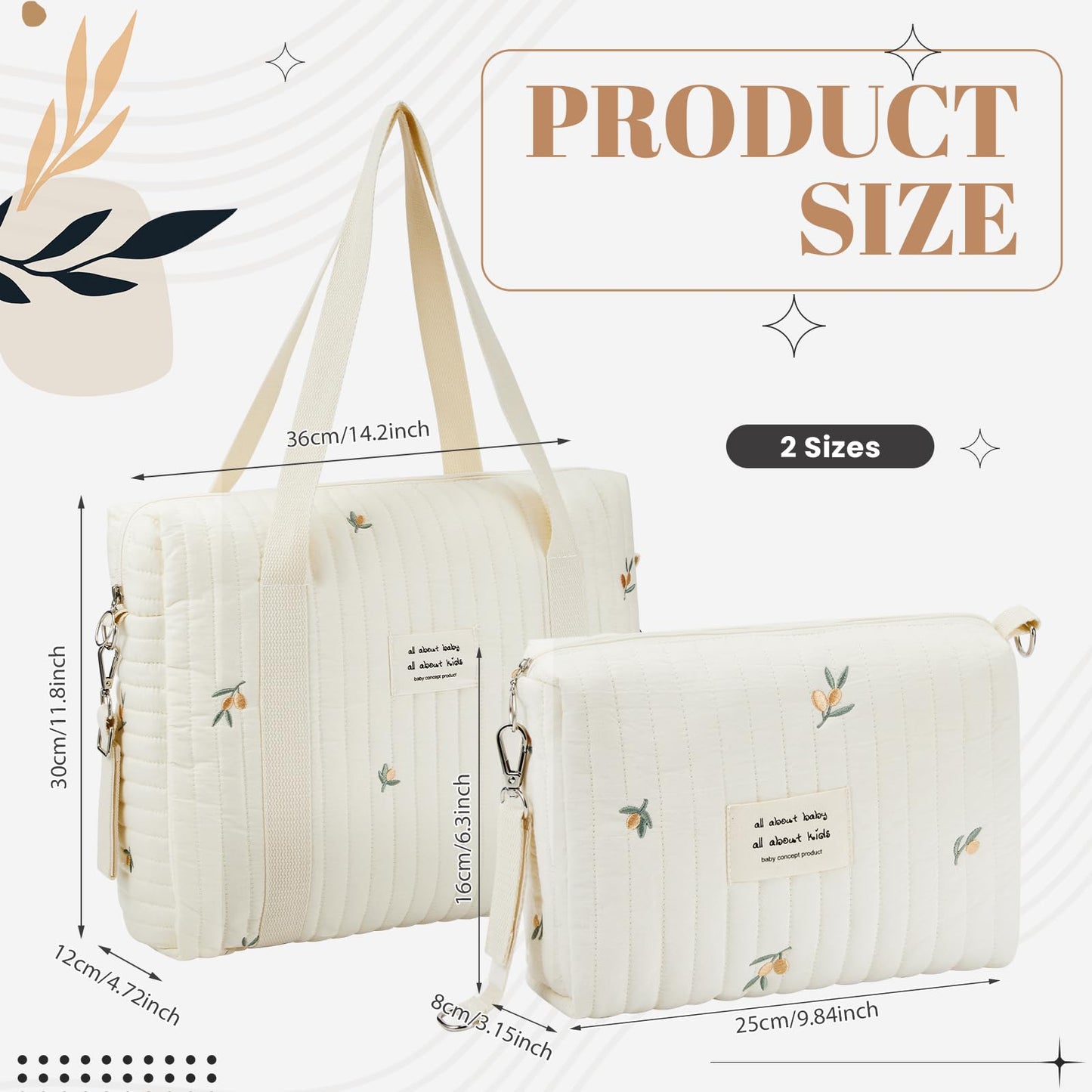 Paterr 2 Pcs Diaper Bag Tote For Women Multifunction Multisize Maternity Bag Quilted Cotton Cute Diaper Bag(Olive Flower)