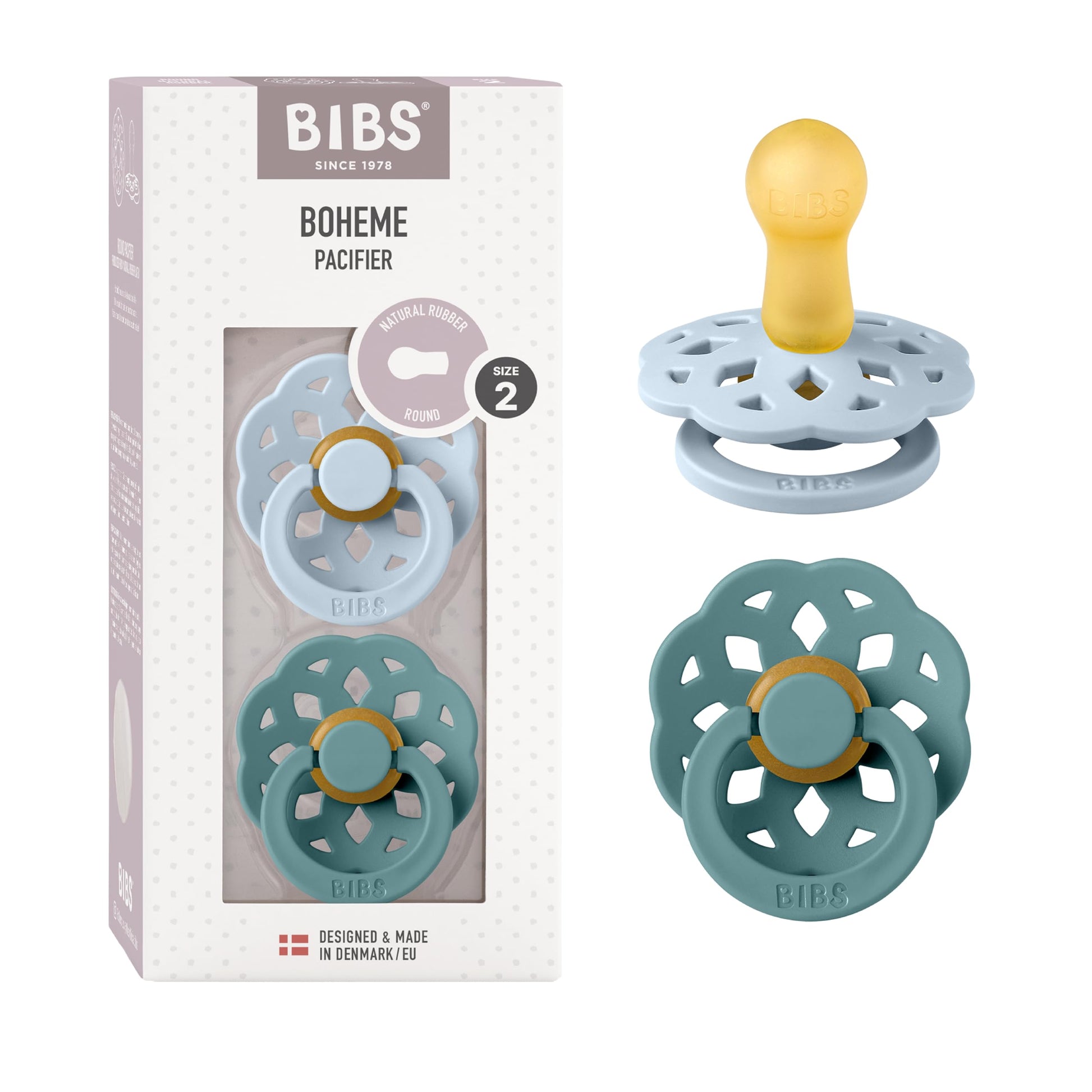 Bibs Boheme Soother 2-Pack. Bpa Free Dummy Pacifier, Symmetrical Nipple. Natural Rubber Latex, Made In Denmark. 0-6 Months (Pack