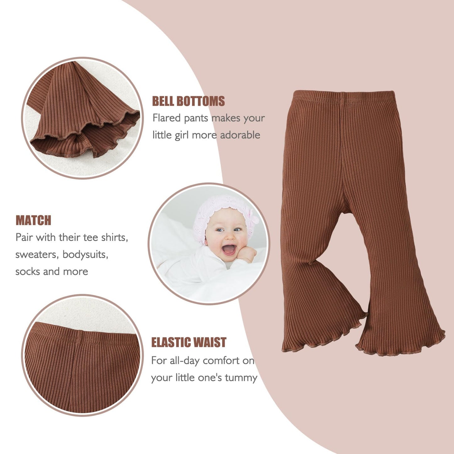 Sobowo Toddler Baby Girl Flare Pants 3 Pack Solid Ribbed Ruffle Bell Bottoms Pants Fall Outfits(Black/Caramel/Gray, 6-9 Months)
