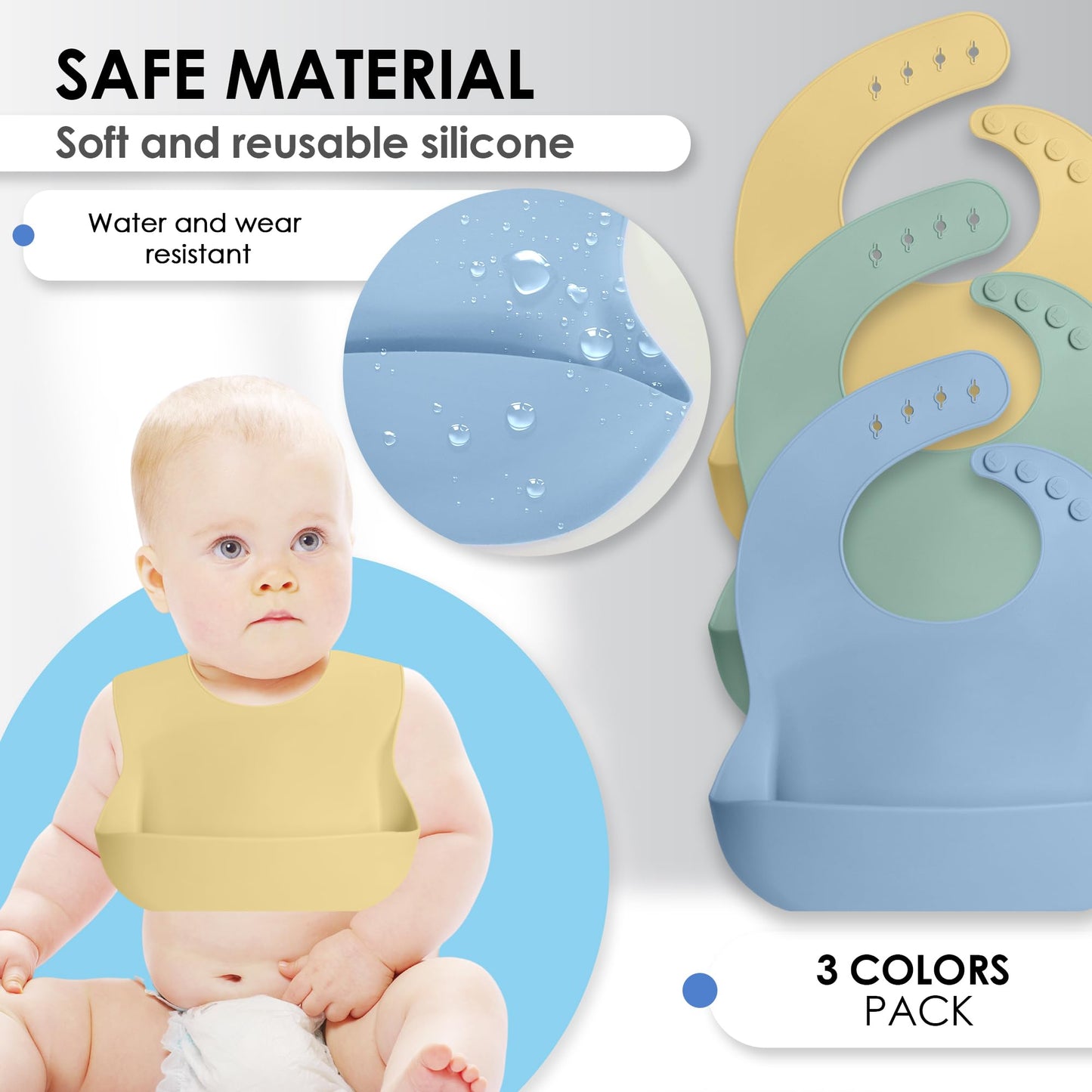 Bluet B - Set Of 3 Waterproof Silicone Baby Bibs - Bpa Free Silicone Baby Bib - Flexible And Soft - Adjustable And Portable With