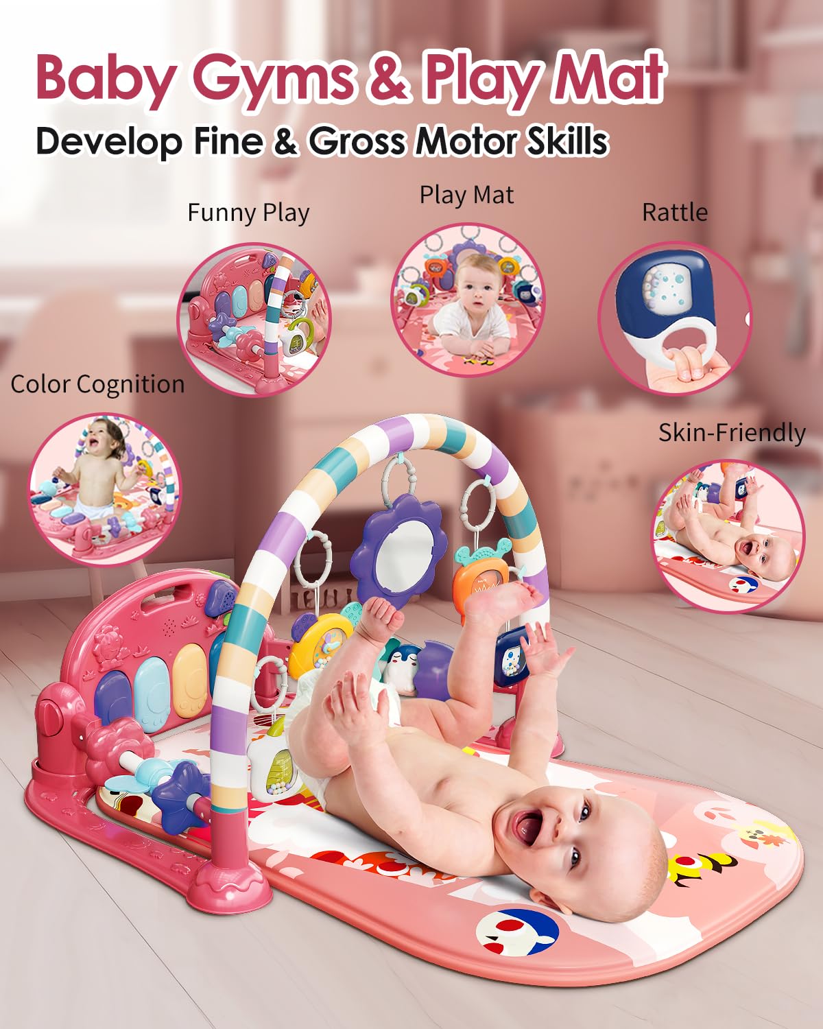 Dearlomum Baby Play Mat Baby Gym,Funny Play Piano Tummy Time Baby Activity Mat With 5 Infant Sensory Baby Toys, Music And Lights