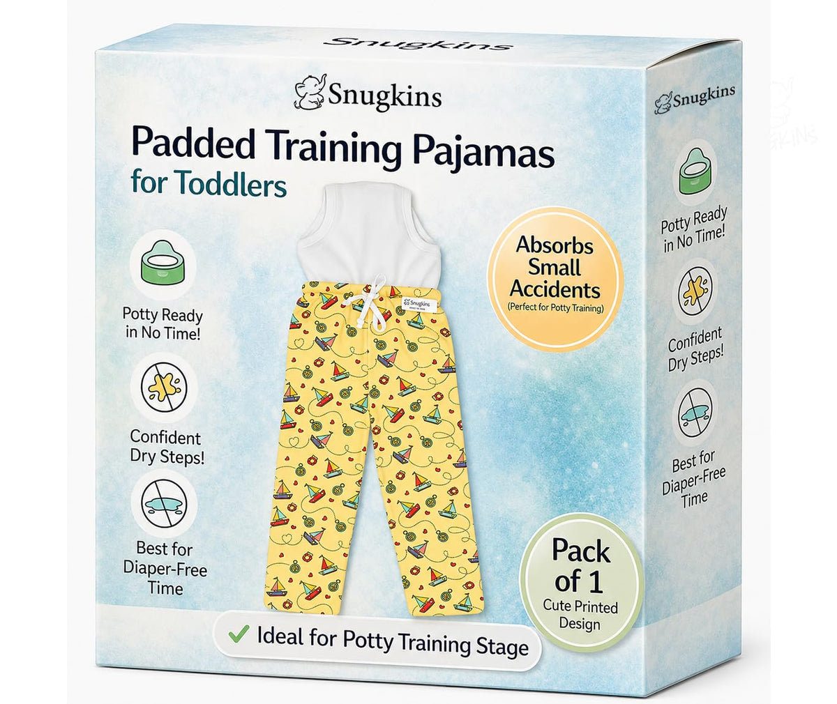 Snugkins Diaper Pants | Potty Training Pajamas For Toddlers, Boys And Girls.100% Cotton. (Sailing Hearts  Pack 1, 3 Years4 Yea