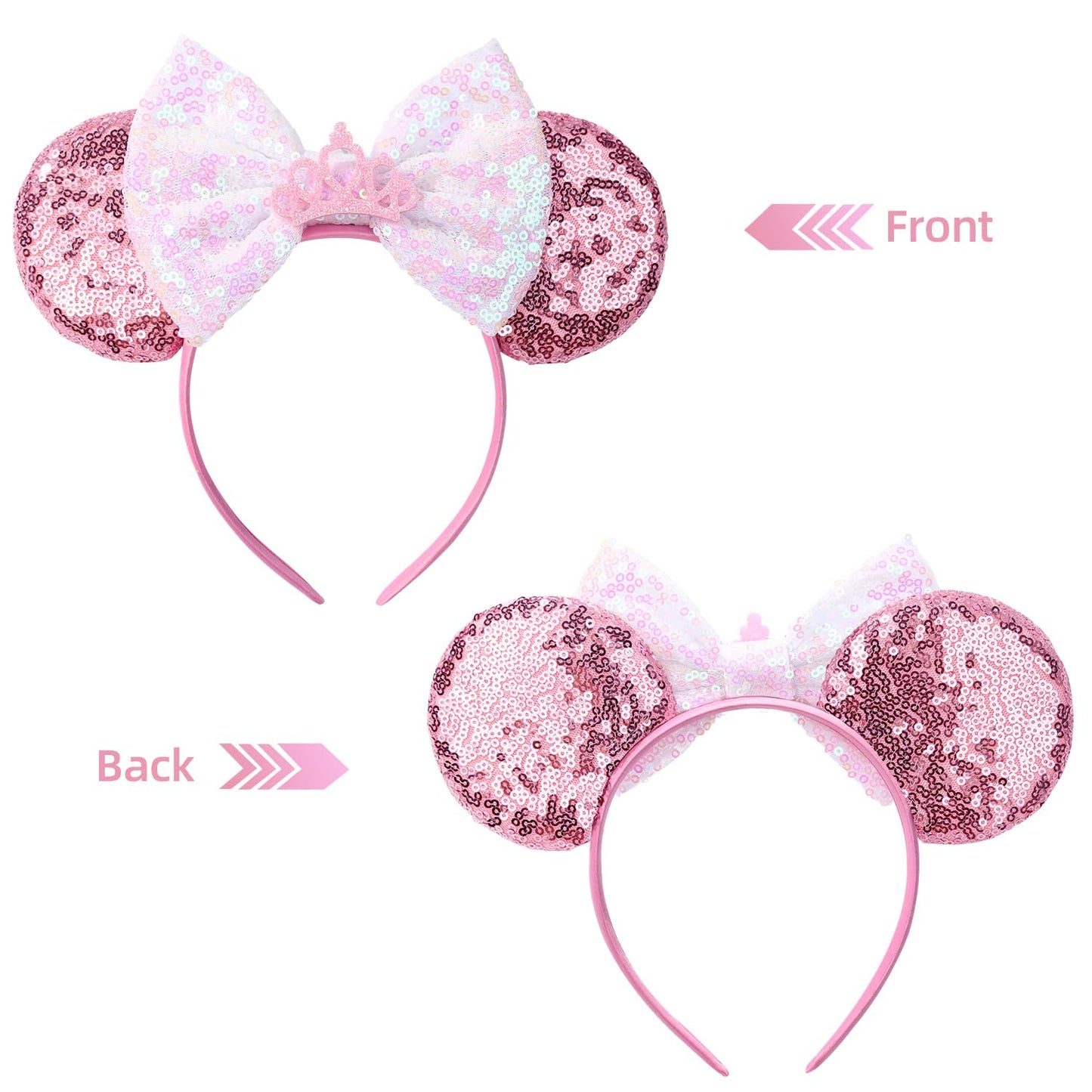 Razko Pink Minnie Ears Headband With Bow, Sparkle Pink Mouse Ears Headband For Girls Women