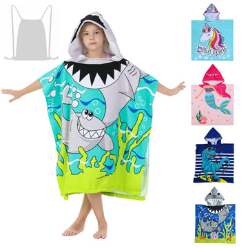 Athaelay Soft Microfiber Swim Cover-Ups For 3 To 10 Years Old Kids Hooded Bath Beach Poncho Towels With Carrying Bag (Big Shark,