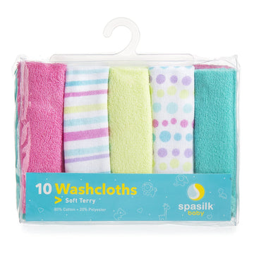 Spasilk Washcloth Wipes Set For Newborn Boys And Girls, Soft Terry Washcloth Set, Pack Of 10, Aqua Bubbles, (010-1201)