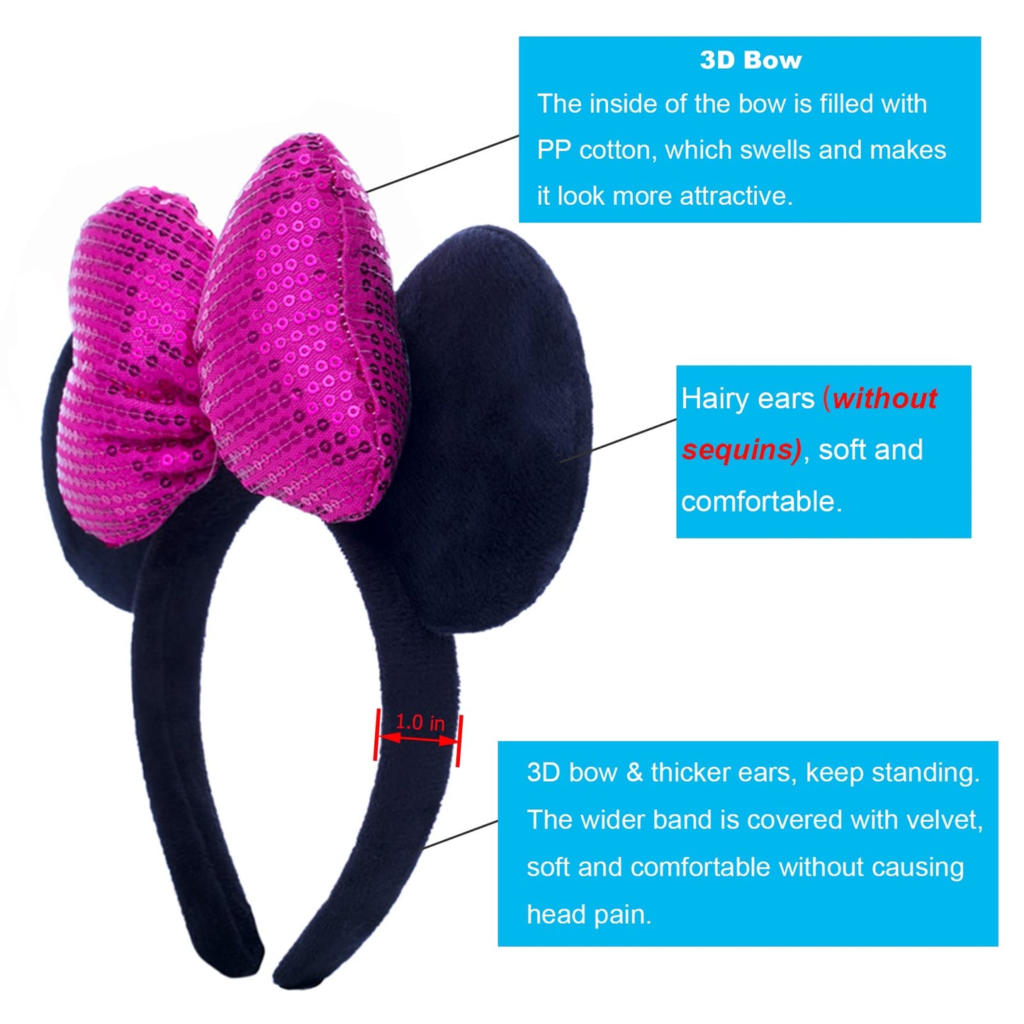 Chuangqi 1Pcs Mouse Ears Shiny Headband With 3D Bow, Hair Band Double-Sided Sequin Bow For Birthday Party Or Amusement Park (3D