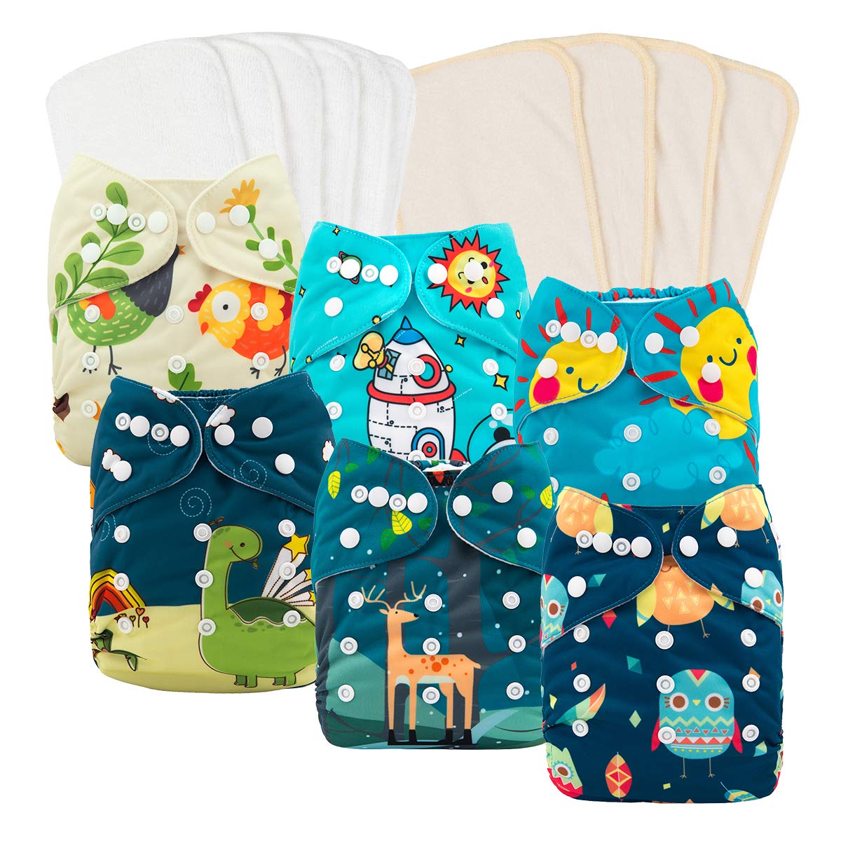 babygoal Reusable Cloth Diapers 6 Pack+6pcs Microfiber Inserts+4pcs Rayon from Bamboo Inserts, One Size Adjustable Washable Pock