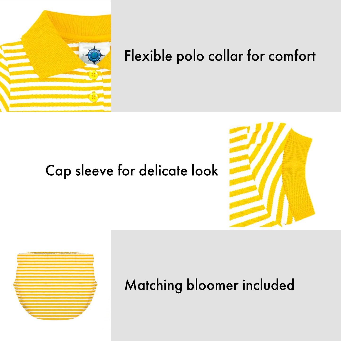 College Baby Striped Game Day Polo Dress With Bloomer - East Carolina Pirates Ecu Logo - Gold/White - 12 Months