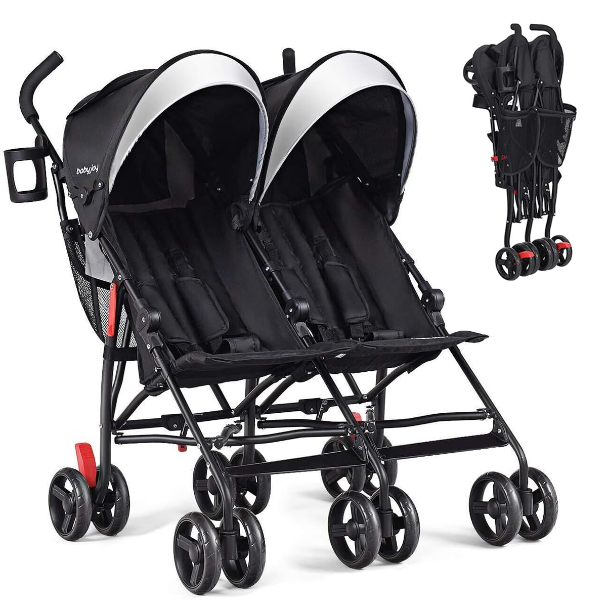 BABY JOY Double Umbrella Stroller, Lightweight Travel Side by Side Twin Stroller with Large Storage, Cup Holder, 5-Point Safety 