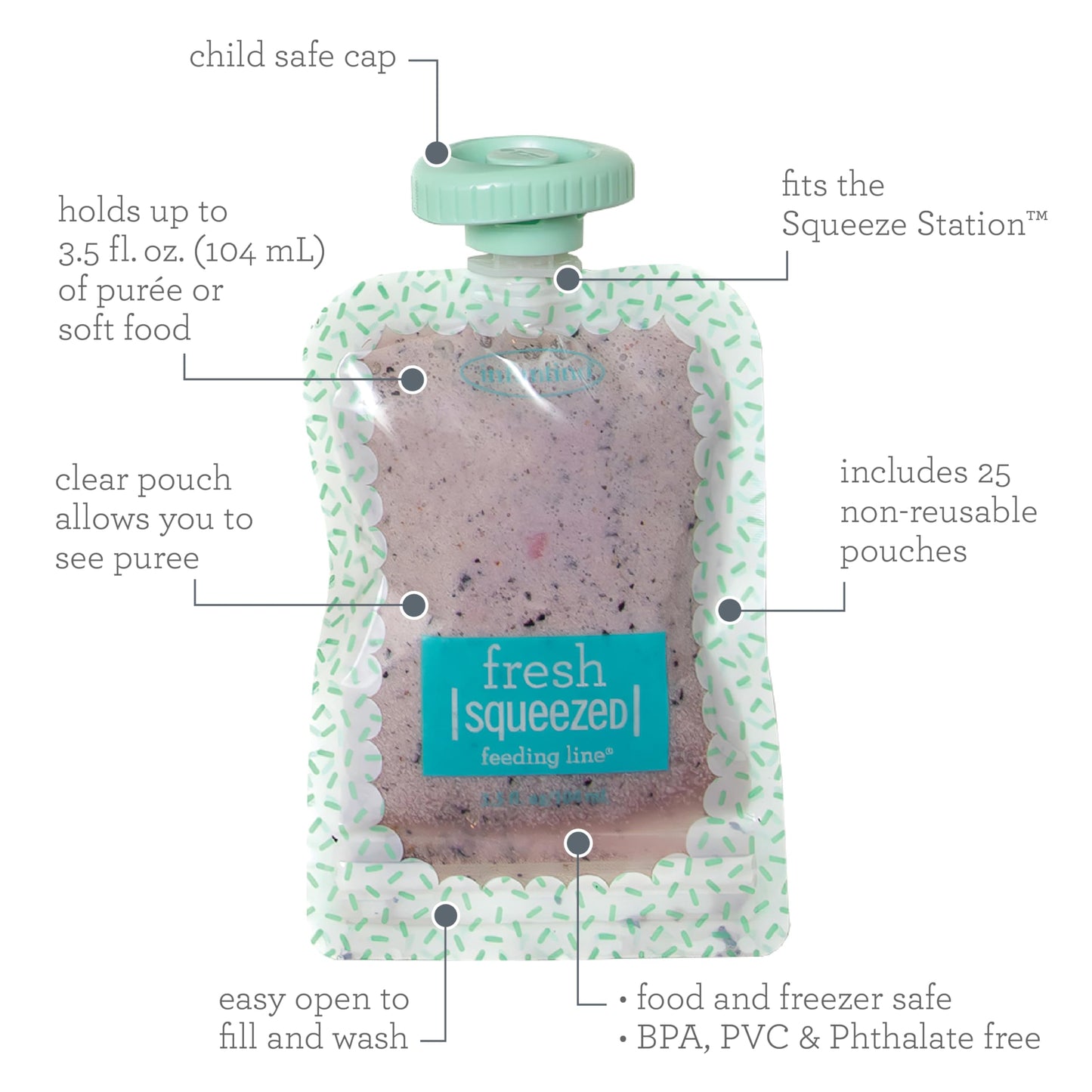 Infantino Reusable Squeeze Pouches For Homemade Baby Food, 3.5 Oz, Pack Of 25 - Bpa, Pvc, And Phthalate-Free, Freezer-Safe, With